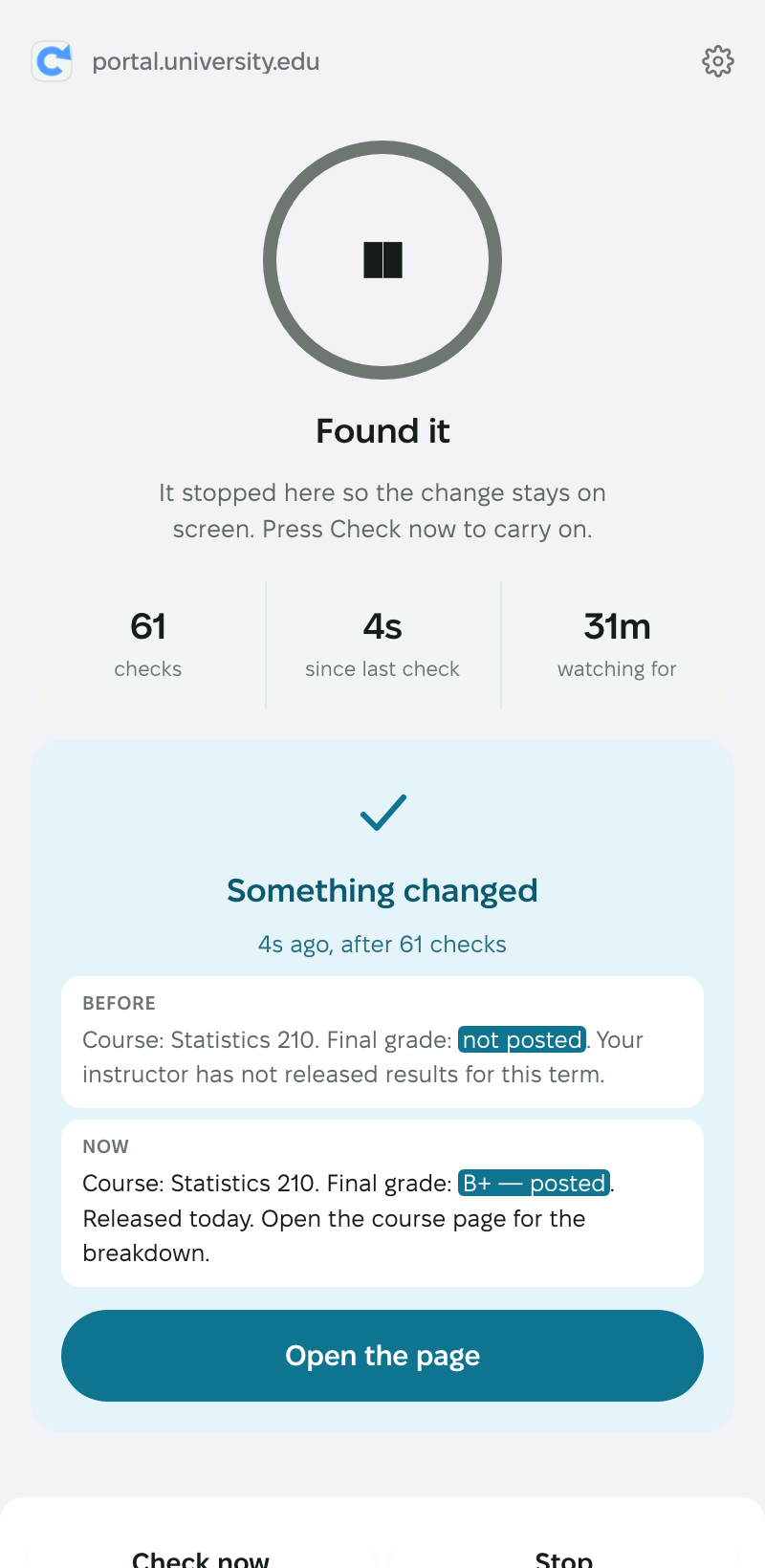 It found the change and shows the text before and after, with the difference highlighted