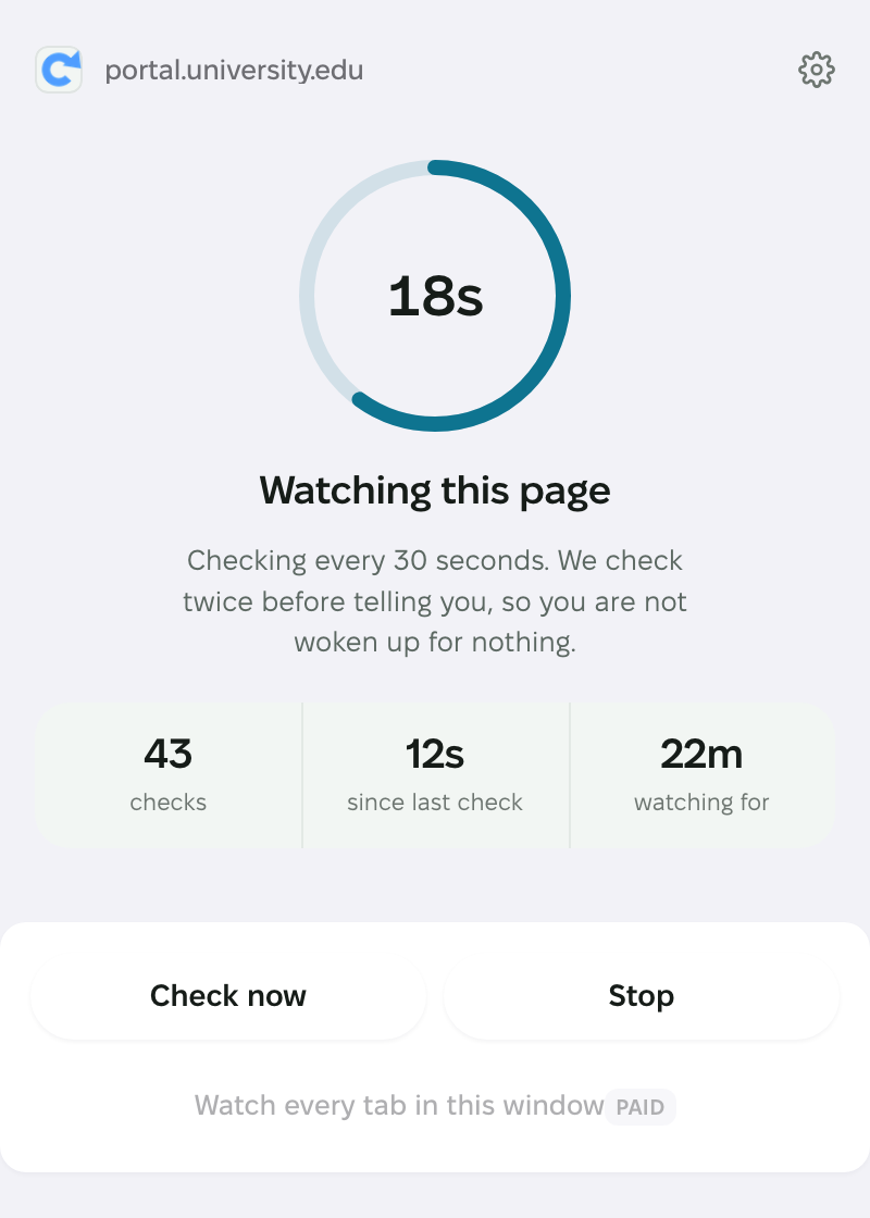 Running: 43 checks, 12 seconds since the last check, watching for 22 minutes